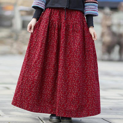 Autumn Winter Retro Cotton Linen Floral A-Line Skirt