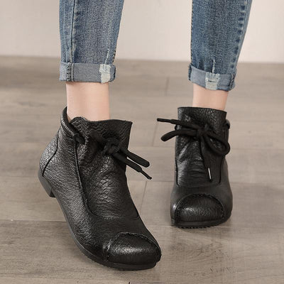 Autumn Winter Retro Flat Leather Ankle Boots September 2021 new-arrival 35 Black 