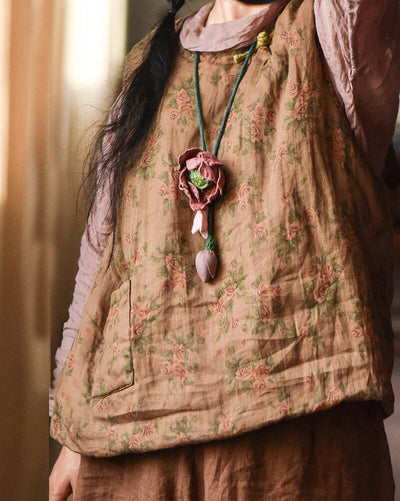 Autumn Winter Retro Floral Loose Padded Linen Vest
