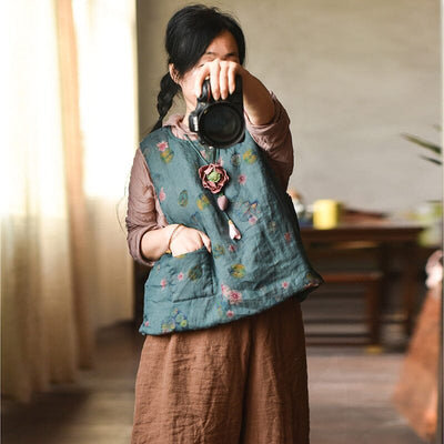 Autumn Winter Retro Floral Loose Padded Linen Vest