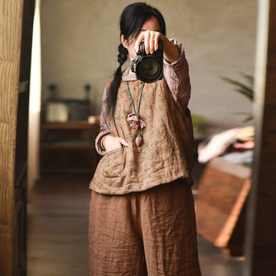 Autumn Winter Retro Floral Loose Padded Linen Vest
