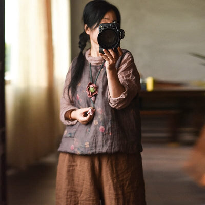 Autumn Winter Retro Floral Loose Padded Linen Vest