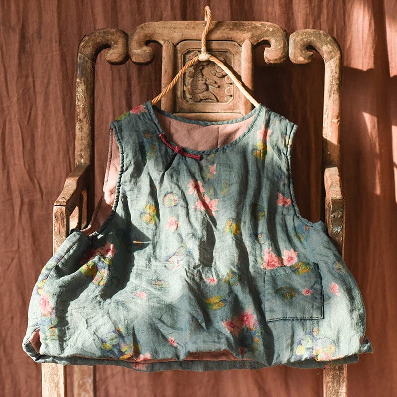 Autumn Winter Retro Floral Loose Padded Linen Vest