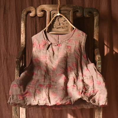 Autumn Winter Retro Floral Loose Padded Linen Vest
