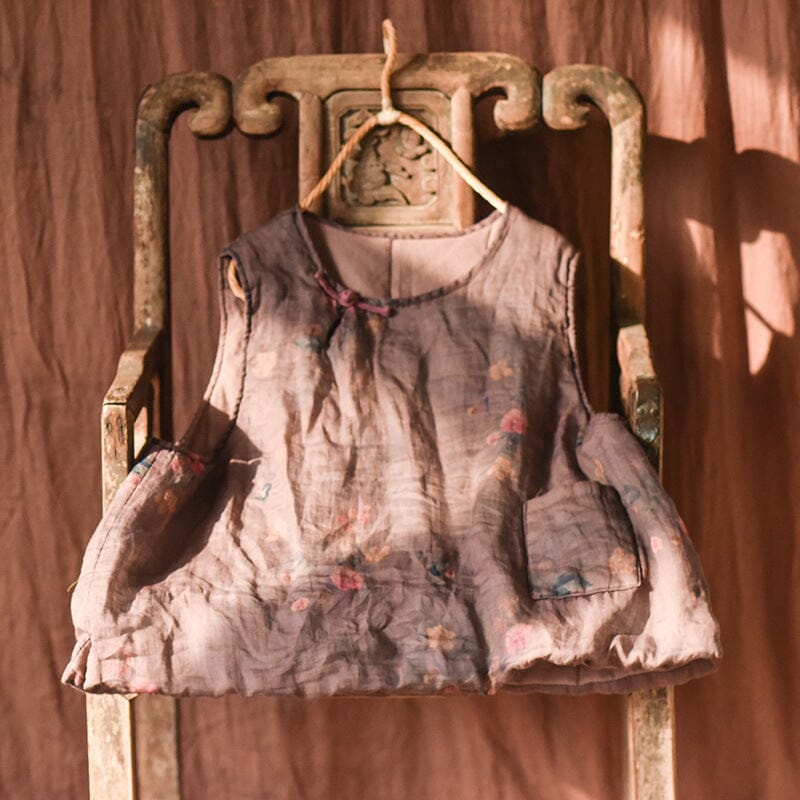 Autumn Winter Retro Floral Loose Padded Linen Vest