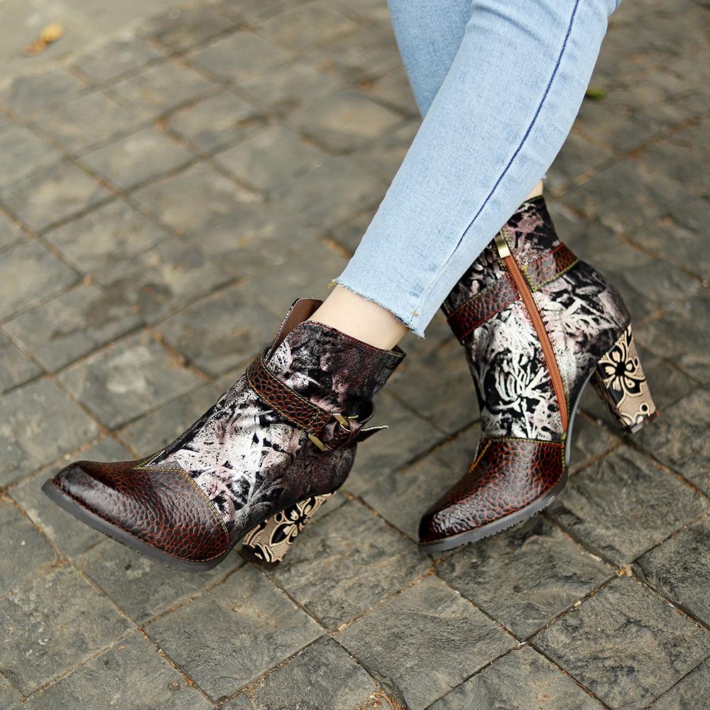 Autumn Winter Retro Floral Printed High Heel Boots