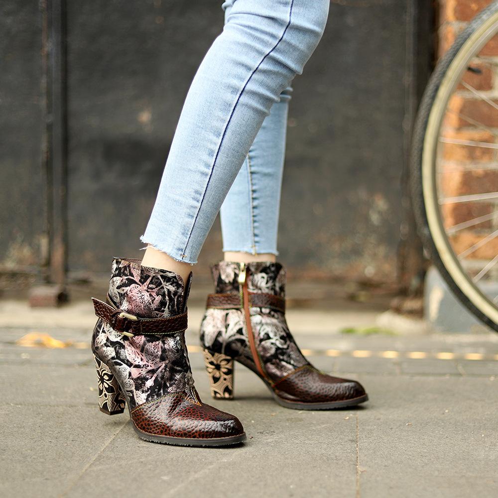 Autumn Winter Retro Floral Printed High Heel Boots