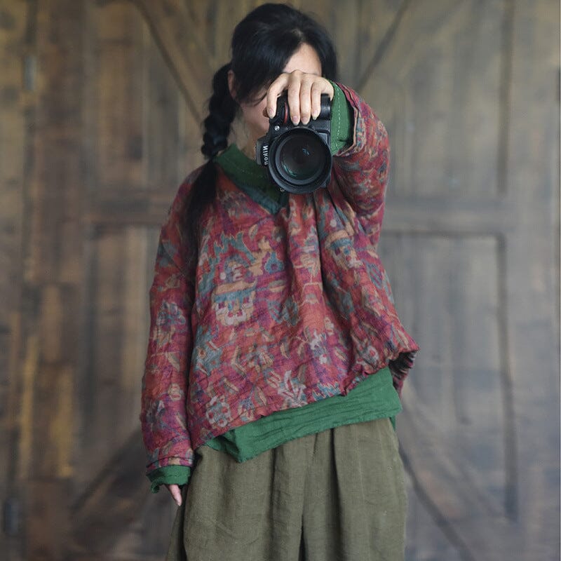 Autumn Winter Retro Handmade Floral Pull Over Coat