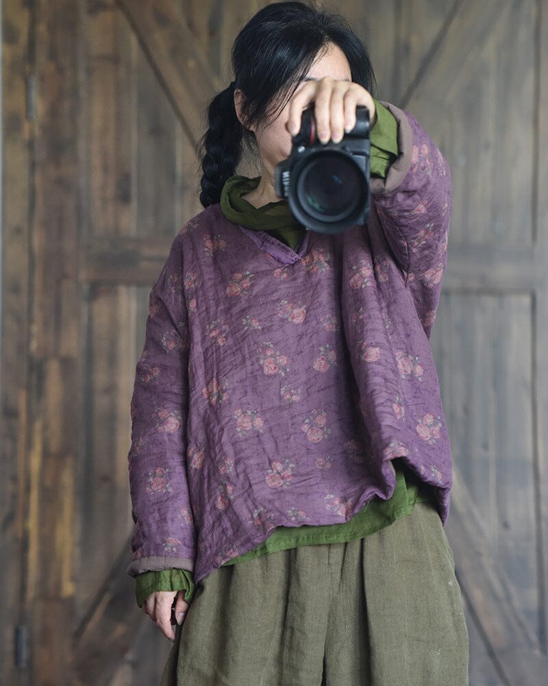 Autumn Winter Retro Handmade Floral Pull Over Coat