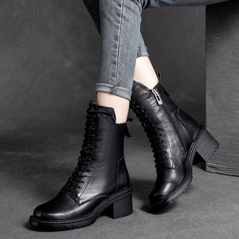 Autumn Winter Retro Leather Casual Wedge Boots Oct 2021 New-Arrival 35 Black 