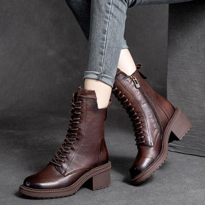 Autumn Winter Retro Leather Casual Wedge Boots Oct 2021 New-Arrival 35 Brown 