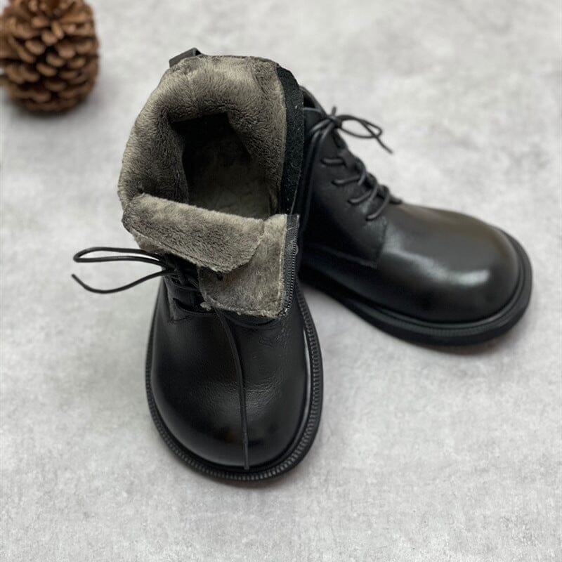 Autumn Winter Retro Leather Flat Boots Dec 2022 New Arrival Black (Fur) 35 