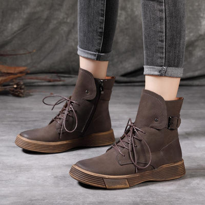 Autumn Winter Retro Leather Flat Warm Boots Oct 2021 New-Arrival 