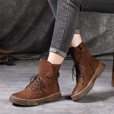 Autumn Winter Retro Leather Flat Warm Boots Oct 2021 New-Arrival 35 Coffee 