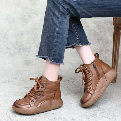 Autumn Winter Retro Leather Thick Sole Boots Oct 2022 New Arrival 35 Khaki 