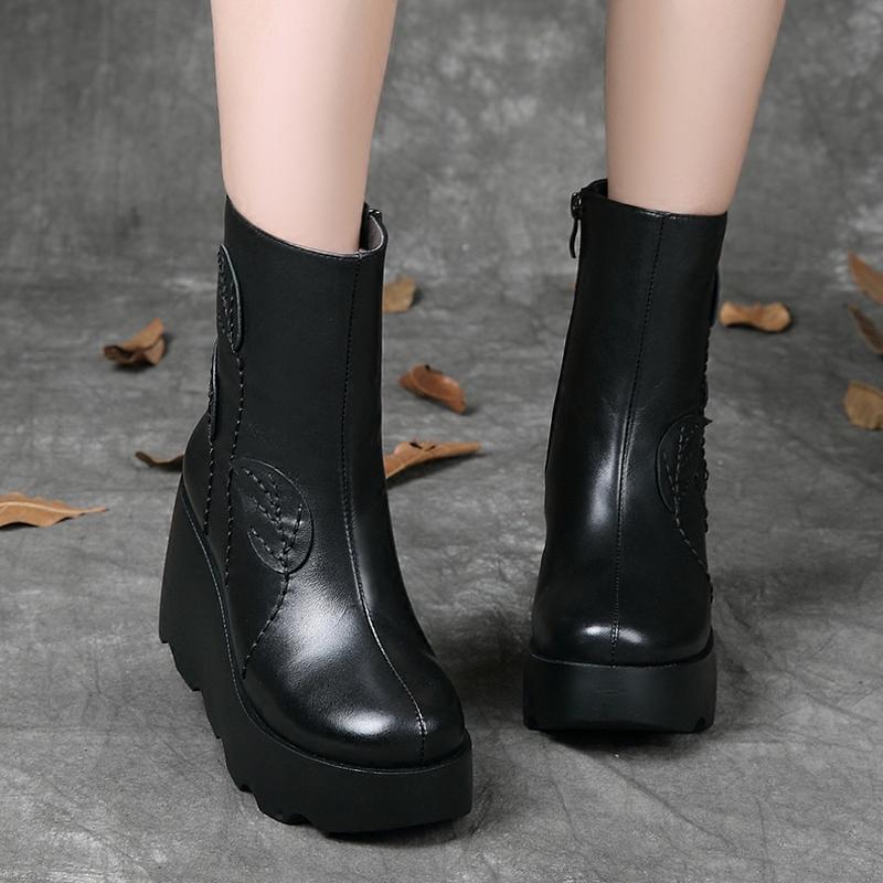 Autumn Winter Retro Leather Wedge Casual Boots Dec 2021 New Arrival 