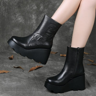 Autumn Winter Retro Leather Wedge Casual Boots Dec 2021 New Arrival 34 Black 