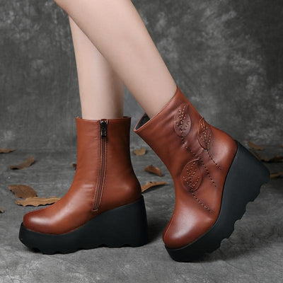 Autumn Winter Retro Leather Wedge Casual Boots Dec 2021 New Arrival 34 Brown 
