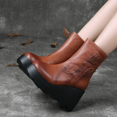 Autumn Winter Retro Leather Wedge Casual Boots Dec 2021 New Arrival 