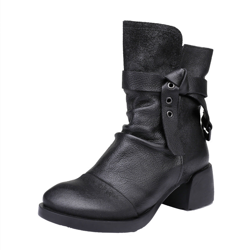 Autumn Winter Retro Leather Western Boots Oct 2022 New Arrival Black 35 