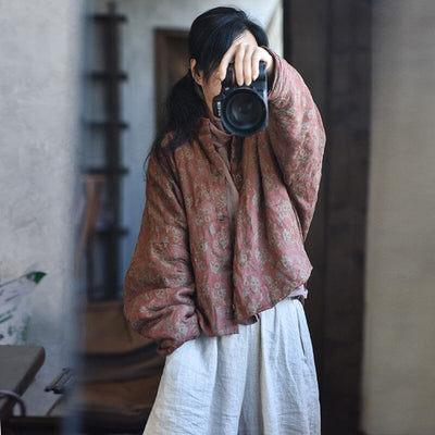 Women Retro Linen Floral Printed Padded Ramie Coat