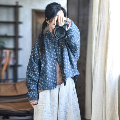 Women Retro Linen Floral Printed Padded Ramie Coat
