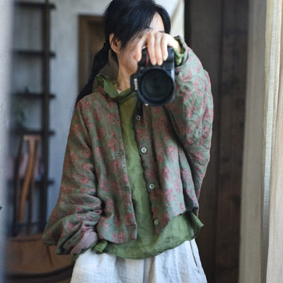 Women Retro Linen Floral Printed Padded Ramie Coat