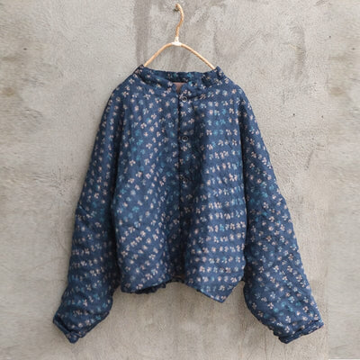 Women Retro Linen Floral Printed Padded Ramie Coat
