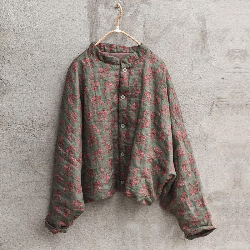 Women Retro Linen Floral Printed Padded Ramie Coat