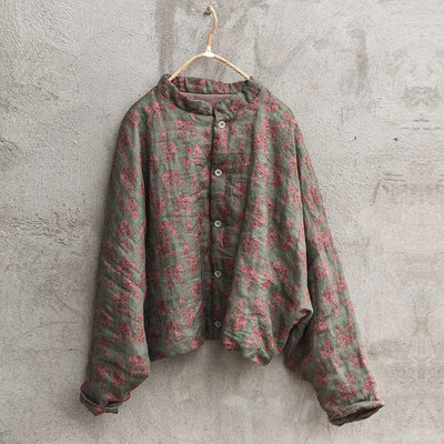 Women Retro Linen Floral Printed Padded Ramie Coat