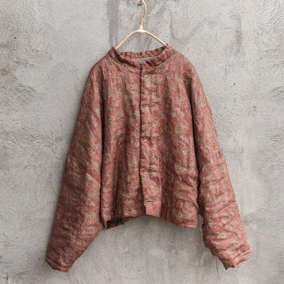 Women Retro Linen Floral Printed Padded Ramie Coat