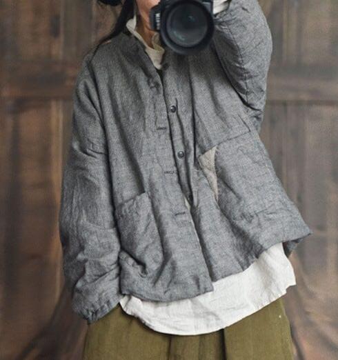 Women Solid Color Padded Retro Linen Coat