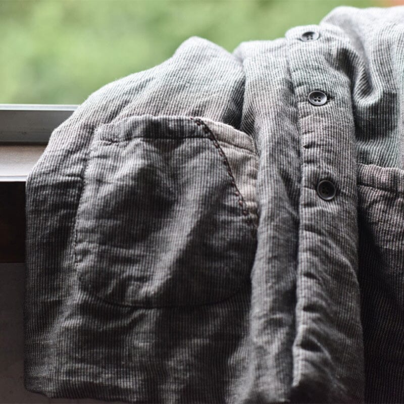 Women Solid Color Padded Retro Linen Coat