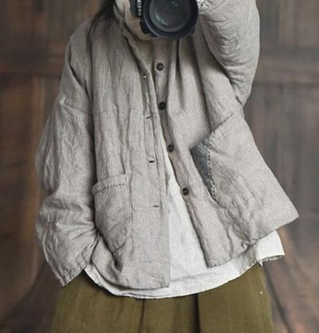 Women Solid Color Padded Retro Linen Coat
