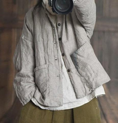 Women Solid Color Padded Retro Linen Coat