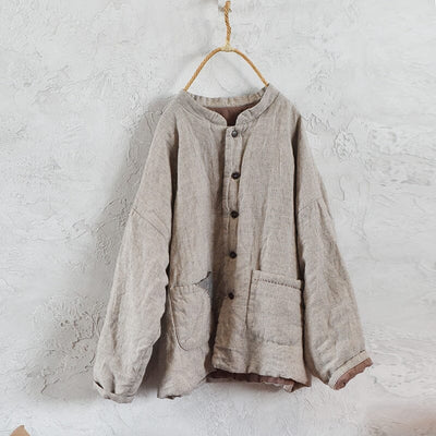 Women Solid Color Padded Retro Linen Coat