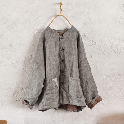 Women Solid Color Padded Retro Linen Coat