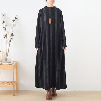 Autumn Winter Retro Print Woolen Loose Dress Nov 2022 New Arrival One Size Black 