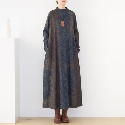 Autumn Winter Retro Print Woolen Loose Dress Nov 2022 New Arrival One Size Blue 
