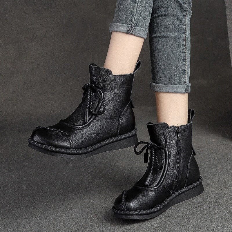 Autumn Winter Retro Solid Leather Casual Flat Boots