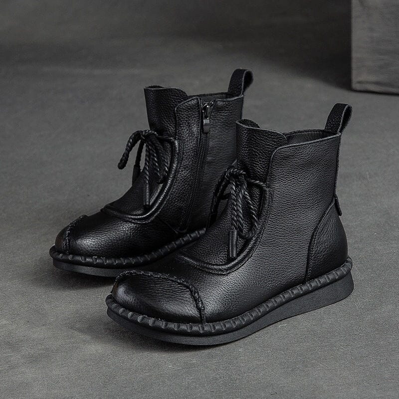 Autumn Winter Retro Solid Leather Casual Flat Boots