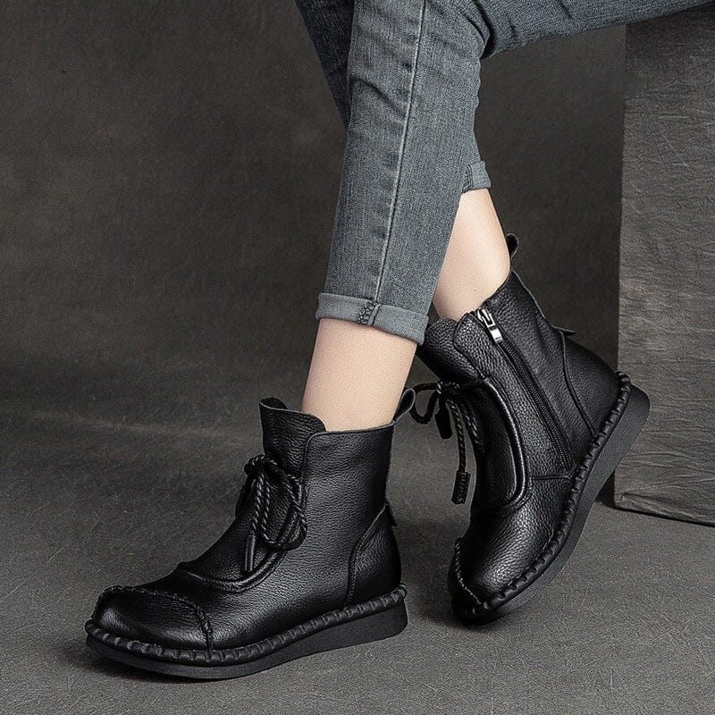 Autumn Winter Retro Solid Leather Casual Flat Boots Nov 2022 New Arrival Black 35 