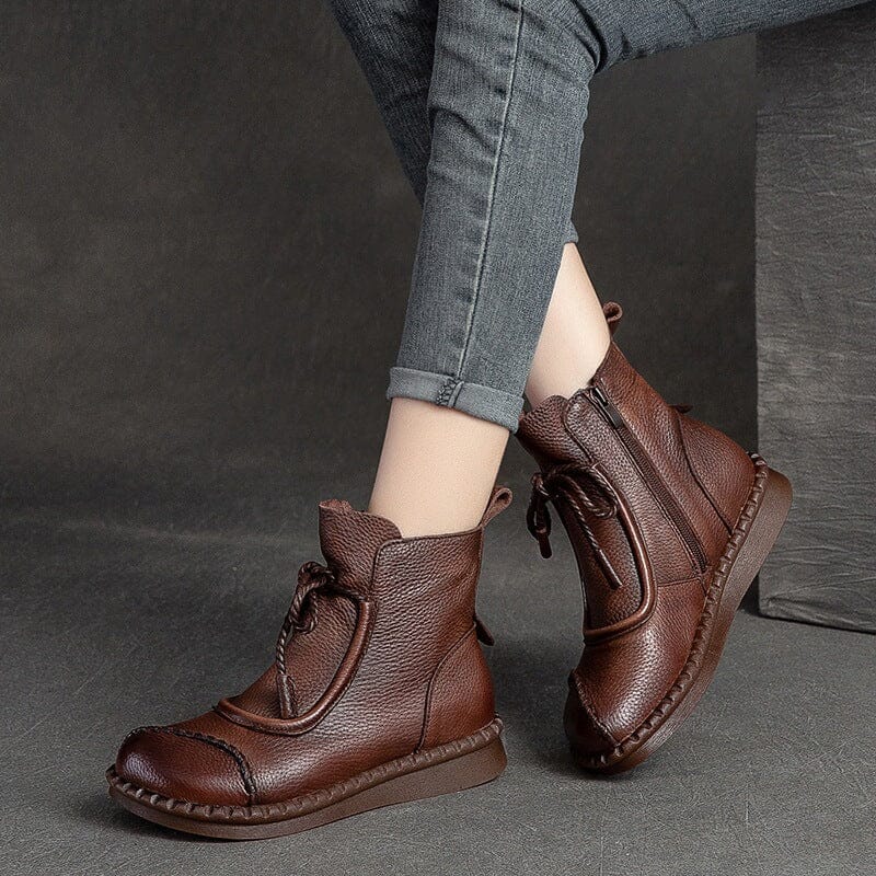 Autumn Winter Retro Solid Leather Casual Flat Boots Nov 2022 New Arrival Brown 35 
