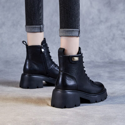Autumn Winter Retro Solid Leather Chunky Heel Boots
