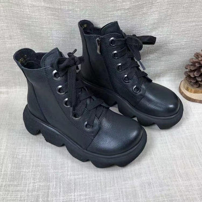 Autumn Winter Round Head Leather Retro Ankle Boots September 2021 new-arrival 35 Black 