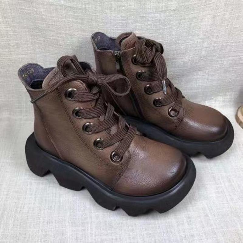 Autumn Winter Round Head Leather Retro Ankle Boots September 2021 new-arrival 35 Coffee 