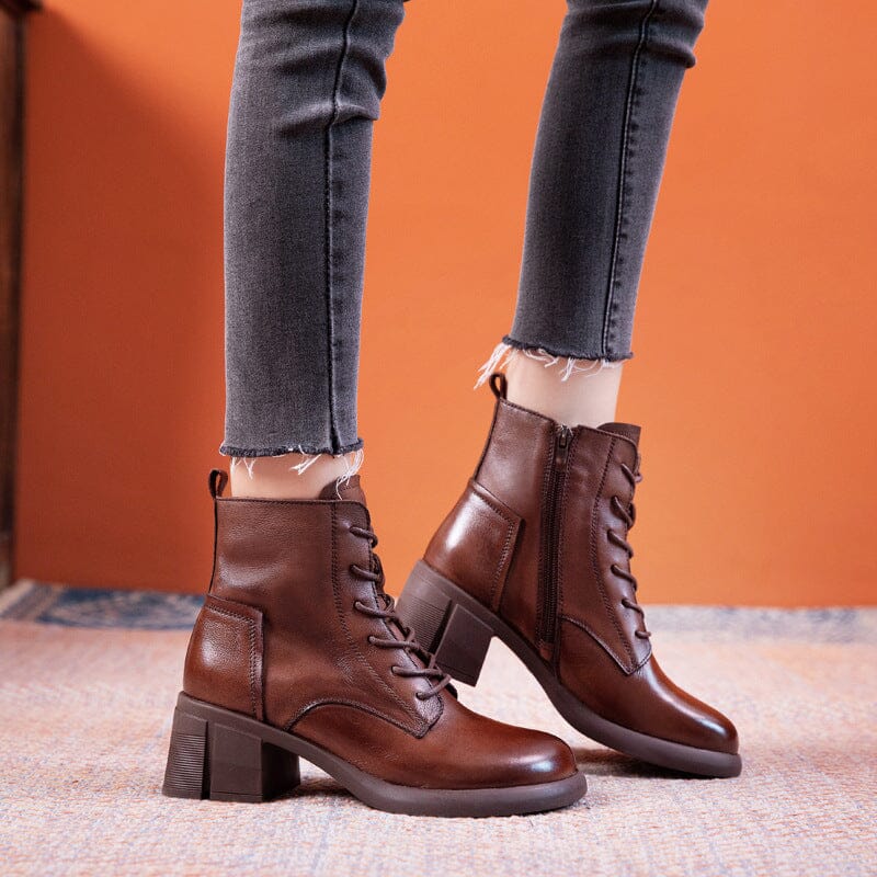 Autumn Winter Solid Leather Casual Low Heel Boots