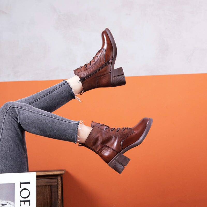 Autumn Winter Solid Leather Casual Low Heel Boots