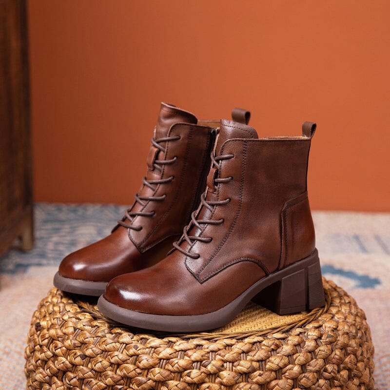 Autumn Winter Solid Leather Casual Low Heel Boots Nov 2022 New Arrival Brown 35 