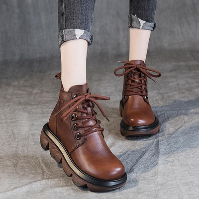 Autumn Winter Thick Sole Leather Retro Boots